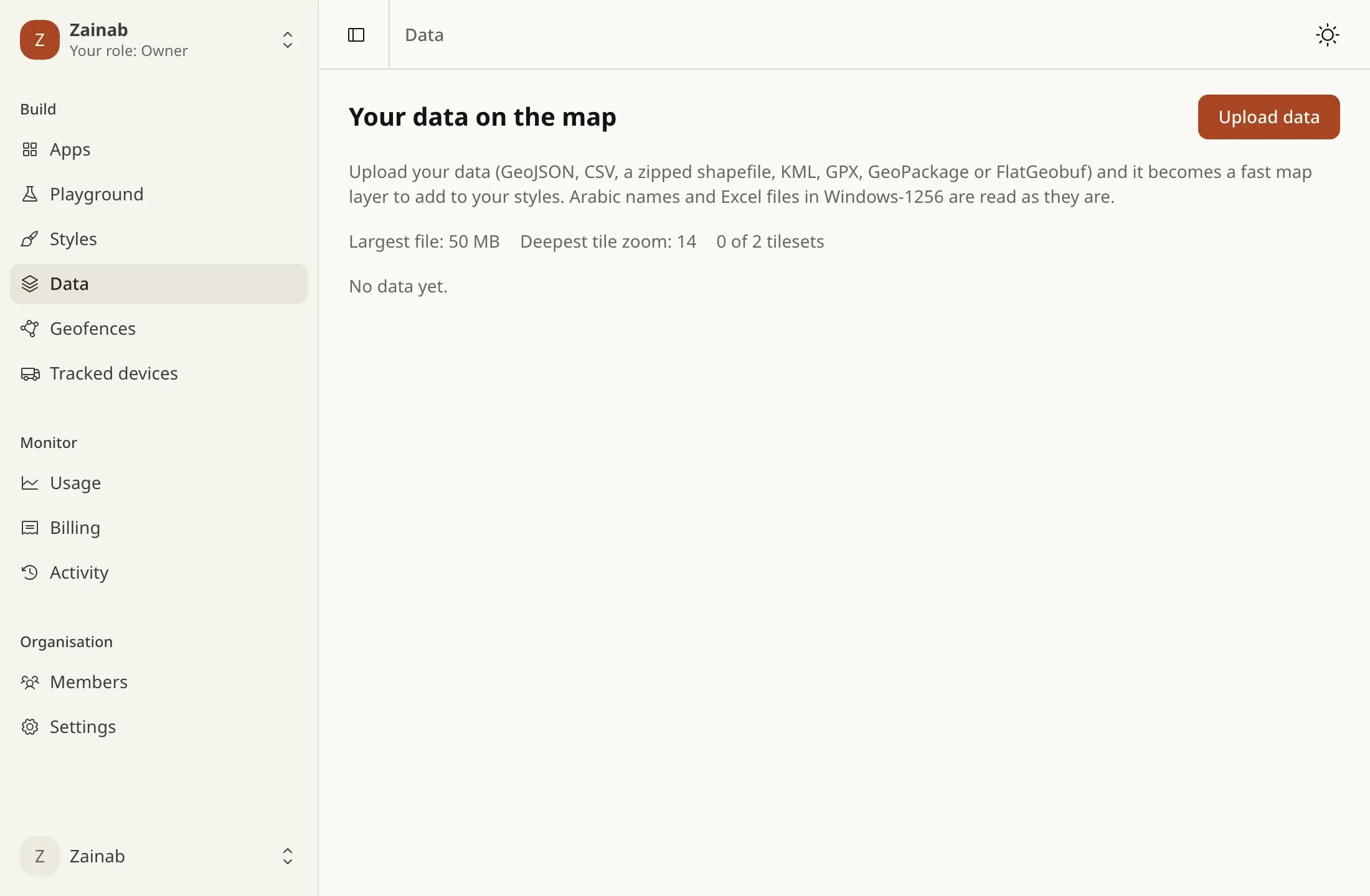 Upload a file and get map tiles your style can draw.